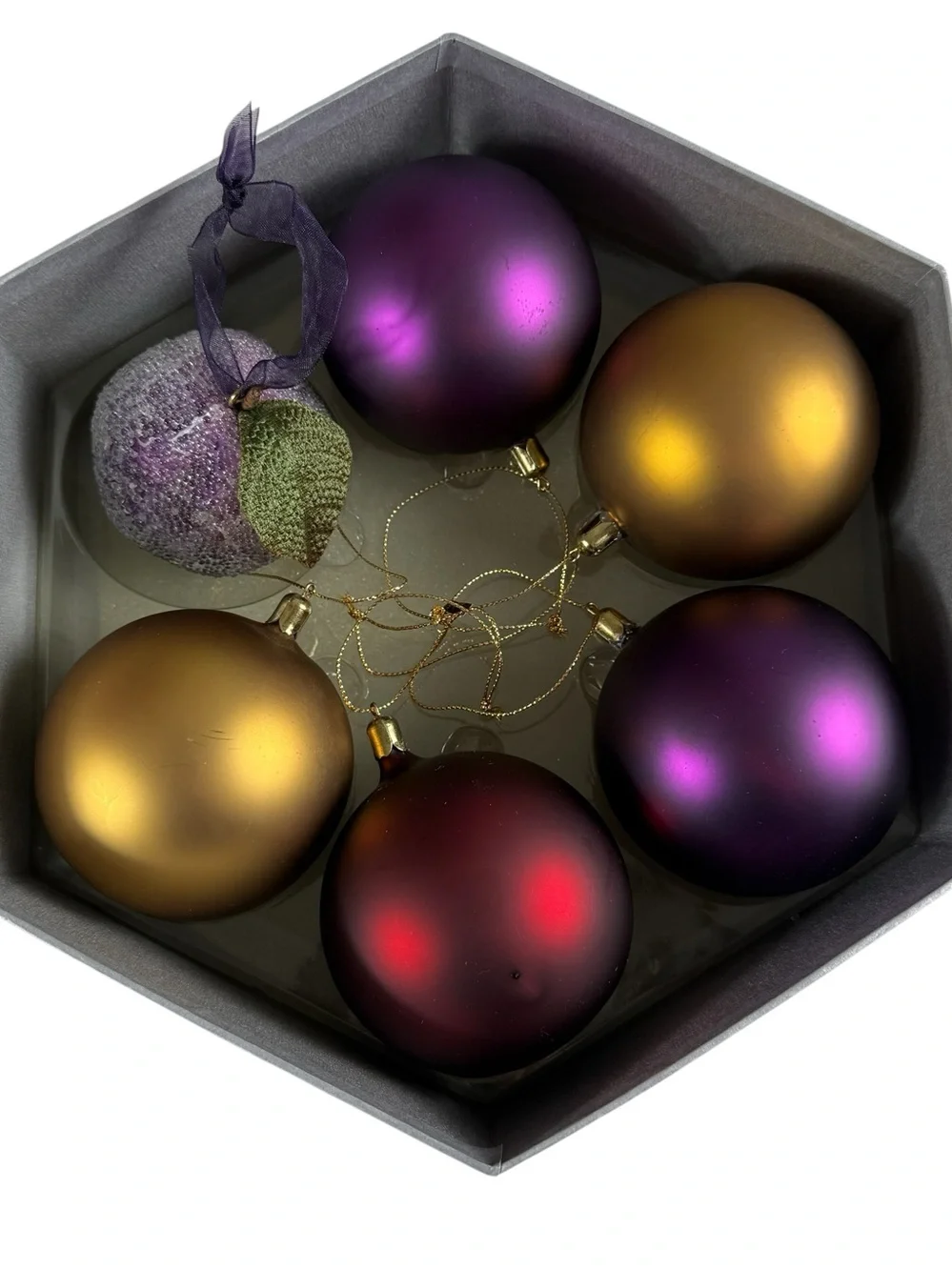 6 Christmas Glass Ball Ornaments Matte **Pottery Barn Sugar Plum Purple Gold Red